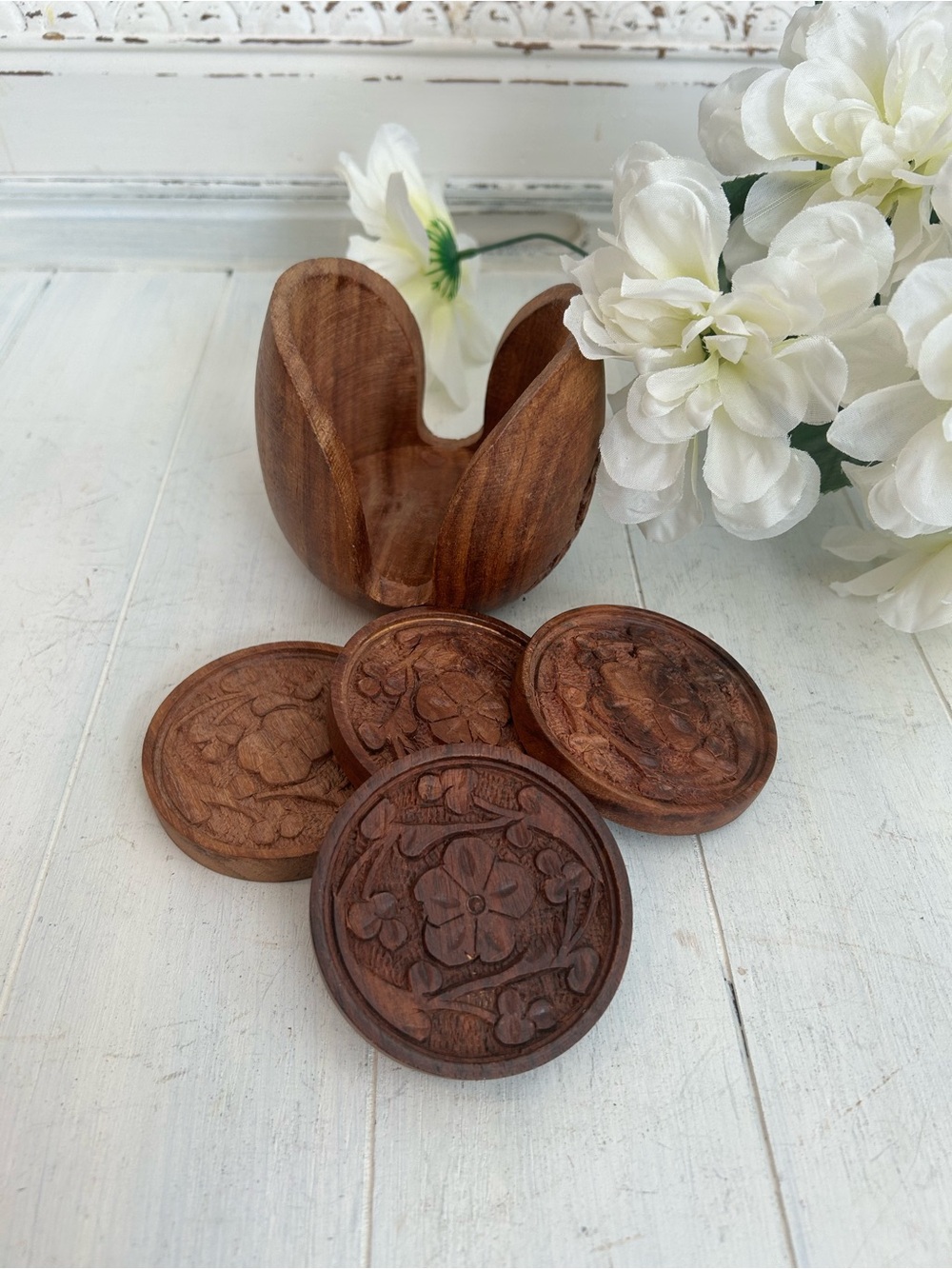 Hand-Carved Wooden 3” Coasters with Holder - Brown